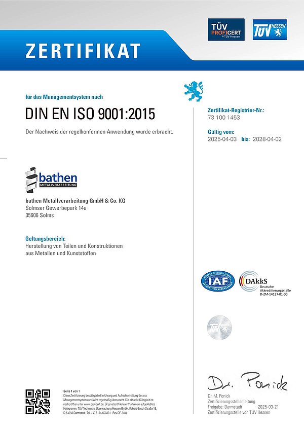 Bathen TÜV Zertifikat DIN EN 9001:2015